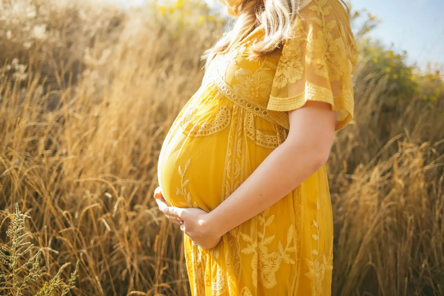 Pregnant woman gently cradling belly in field